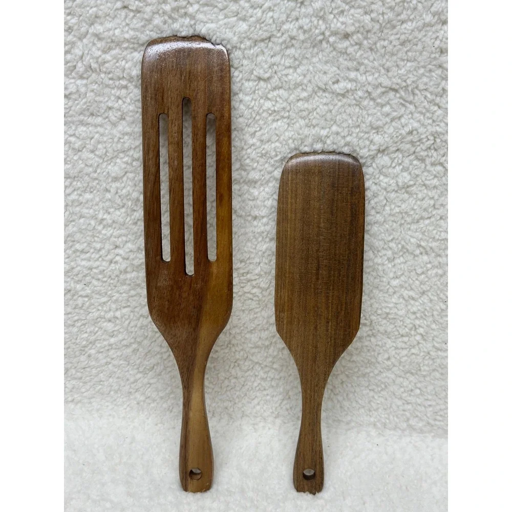 Wooden Utensil Kitchen Set of 2 One Slotted and One Solid Turner Spatulas Brown